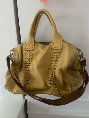 Leather Woven Accent Satchel in Mustard Yellow